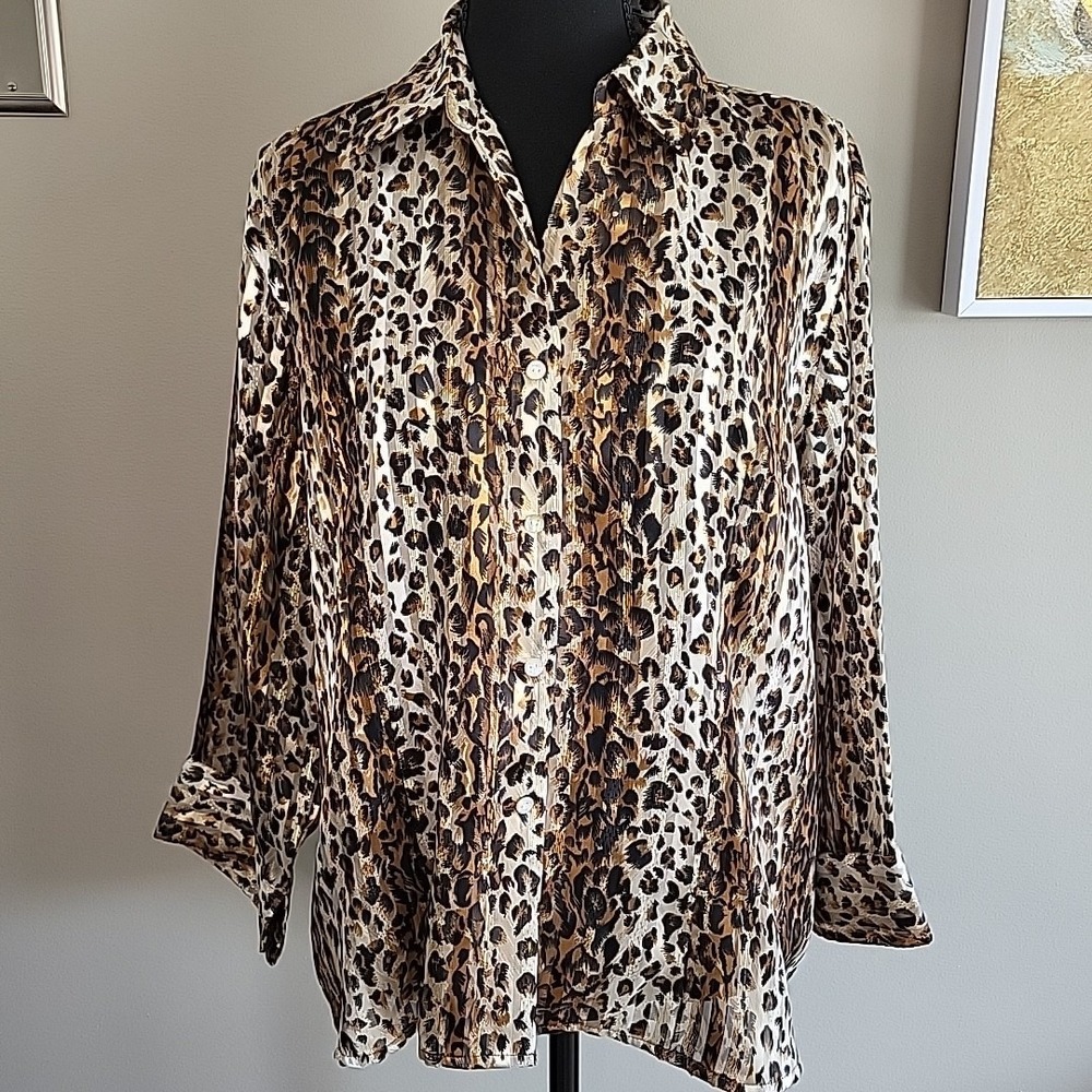VINTAGE Jaipur Leopard Print Collared Button Up Sheer‎  Women's Blouse XL